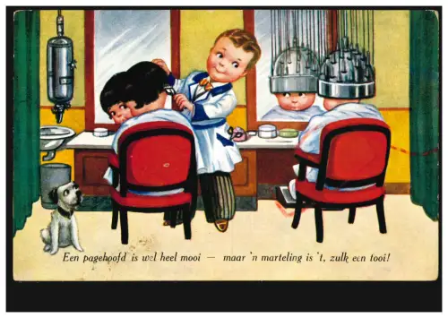 Pays-Bas Caricature-AK Be Beim Coiffeur, Hot sèche, marqué