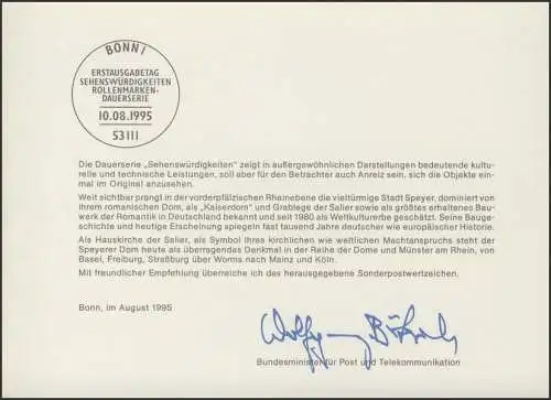 Ministerkarte MinKa 26/1995 Sehenswürdigkeiten SWK 640 Pf. Dom zu Speyer