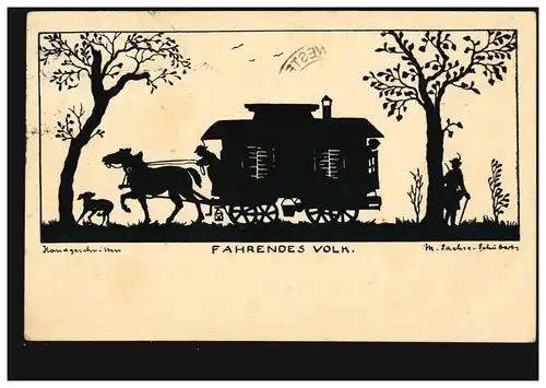 Scherenschnitt-AK M. Sachse-Schubert: Fahrendes Volk, HAGEN Messe Leipzig 1937