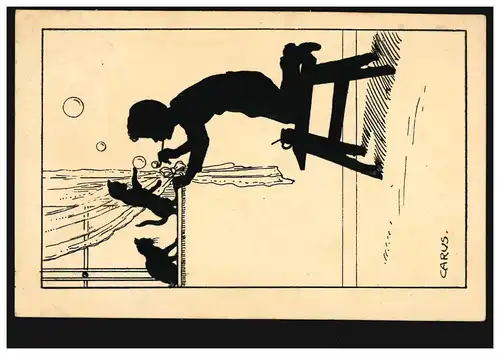 Scherenschnitt-AK Junge macht Seifenblasen & spielende Katzen, Carus, 13.8.1922