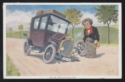 Karikatur-AK Bert: Autopanne - Ich steh' allein auf weiter Flur! NÜRNBERG 1.2.33