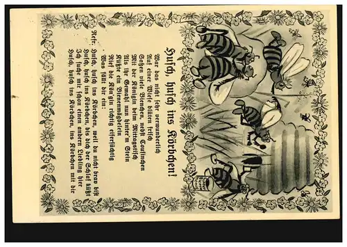 Caricature-AK Carte de chanson Chasse, fourre dans le panier! Abeilles, KÖLN-DEUTZ 1938