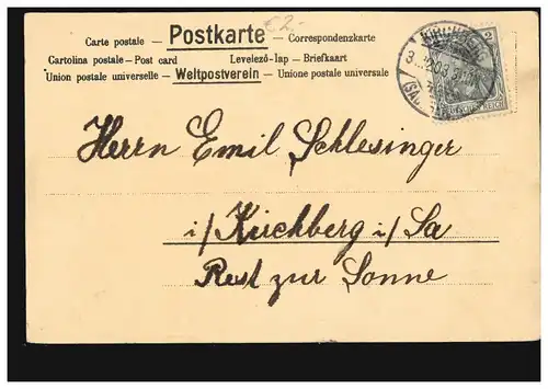 Karikatur-AK Bauerntyp mit Gabel und Mistkarre, KIRSCHBERG (SACHSEN) 31.12.1903