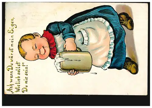 Caricature-AK Le désir de bière: enfant avec des bieres, poste de champ MUNICH 24.8.1918