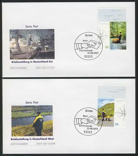 2481-2482 Post Briefzustellung in Ost und West 2005 auf 2 FDC ESSt Bonn