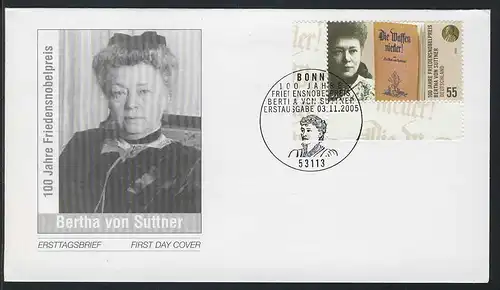 2495 Friedensnobelpreis an Bertha von Suttner auf FDC Bonn