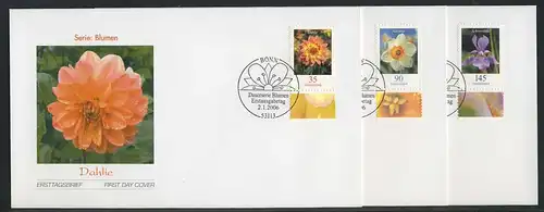 2505-2507 Dauerserie Blumen 0,35, 0,90 und 1,45 Euro auf drei FDC mit ESSt Bonn