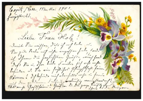 Blumen-AK Blumengebinde mit Farne COPITZ (ELBE) 16.5.1901 nach BERTSDORF 17.5.01