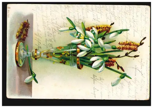 Blumen-AK Schneeglöckchen mit Weidenkätzchen in Vase, FREIBERG/SACHSEN 10.8.1904