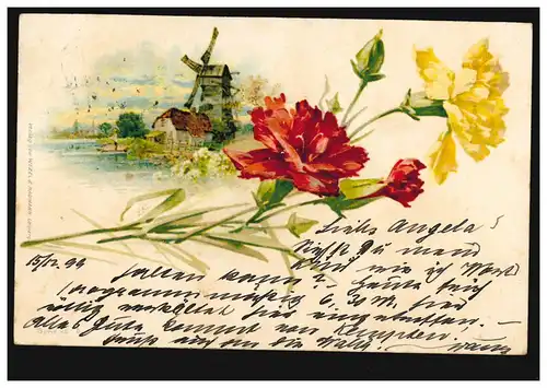 Fleur-AK moulin à vent avec des oeillets rouges et jaunes, BERLIN C 45 - 15.12.1899