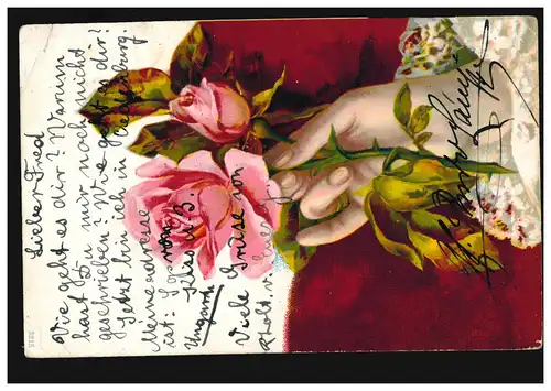 Main de fleurs AK avec branche de rose, SOPRON 1 c 21.11.1900 d'après WLTERSHAUS 23.11.00