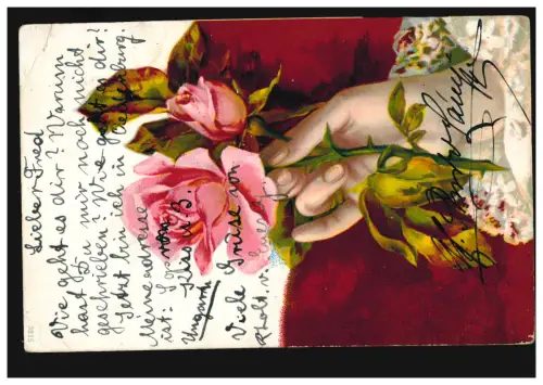 Main de fleurs AK avec branche de rose, SOPRON 1 c 21.11.1900 d'après WLTERSHAUS 23.11.00