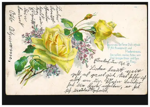 AK Fleurs Roses jaunes avec violette, BUTTS (Kr. UELZEN) 18.4.1913