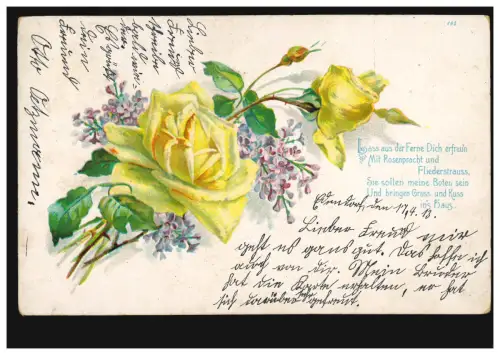 AK Fleurs Roses jaunes avec violette, BUTTS (Kr. UELZEN) 18.4.1913