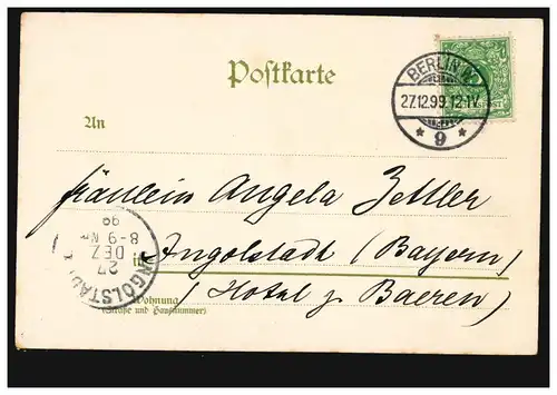 Fleures-AK Veilchen avec lettre, BERLIN W 9 - 27.12.1899 d'après INGOLSTADT 27/12/99