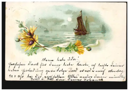 Blumen-AK Meeresblick mit Segelboten gelbe Astern, Ortspostkarte LEIPZIG 24.6.99