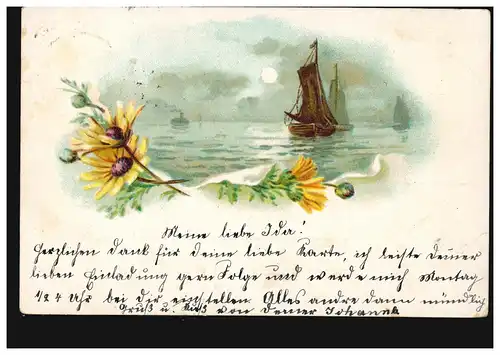 Vue sur la mer avec des voiliers astres jaunes, carte postale locale LEIPZIG 24.6.99