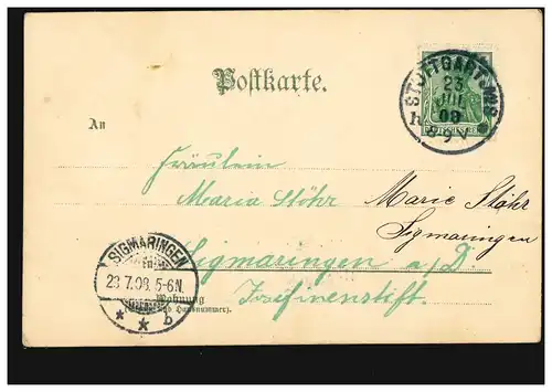 AK Margeriten de fleurs, STUTTGART n° 8 - 23.7.1908 d'après SIGMARINGEN 23.07.08