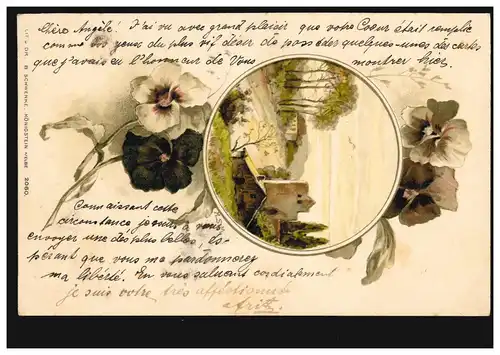 Blumen-AK Landschaftsbild mit Stiefmütterchen, Verlag MSM, INGOLSTADT 30.1.1901