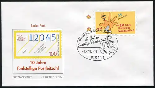 2344 Poste Codes postaux à cinq chiffres FDC Bonn 10 ans Cinq chiffres 1.7.2003,