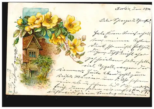 Blumen-AK Haus mit Garten gelbe Blumengirlande, BERLIN 33 c 10.9.1904