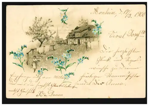 Blumen-AK Dorfidylle mit Veilchen, MONHEIM 19.03.1900 nach ELTEN