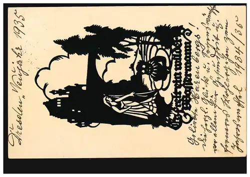 Scherenschnitt-AK A.M. Schwindt: Es freit ein wilder Wassermann DRESDEN 31.12.34