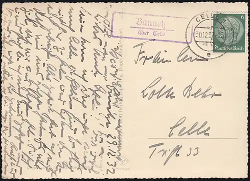 Landpost-Stempel Bannetze über CELLE 30.12.1937 auf AK Strenger Winter