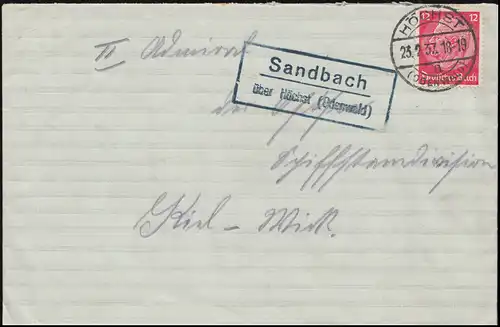 Landpost-Stempel Sandbach über HÖCHST (ODENWALD) 23.2.1937 nach Kiel