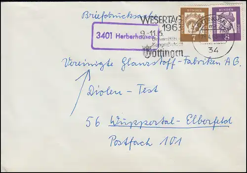 Landpost-Stempel 3401 Herbershausen auf Briefdrucksache GÖTTINGEN 23.4.1963