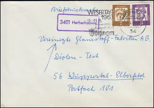 Le temple de Landpost 3401 Herbershausen sur l'impression de lettres GÖTTINGEN 23.4.1963