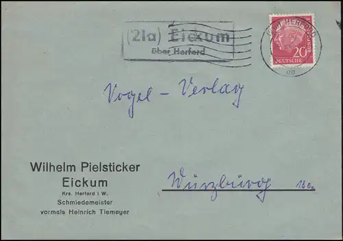 Landpost-Stempel Eickum über HERFORD 25.2.1958 auf Brief Fa. Pielsticker