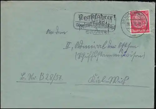 Landpost-Stempel Veltheim über BRAUNSCHWEIG 22.2.1937 auf Brief nach Kiel-Wik