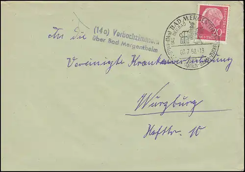 Temple de Landpost Vorbachchambres sur BAD MERGENTHEIM SSt sur lettre 8.7.1958