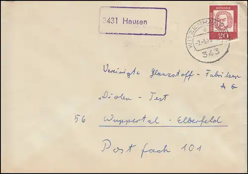 Landpost-Stempel 3431 Hausen auf Brief WITZENHAUSEN 2.5.1963