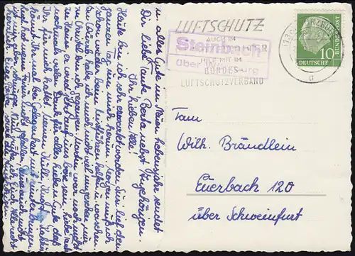 Landpost-Stempel Steinbach über WÜRZBURG um 1954 auf Geburtstags-AK