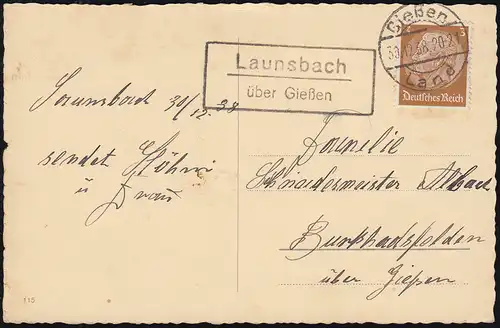 Landpost-Stempel Launsbach über Gießen Land 30.12.1938 auf Winter-AK