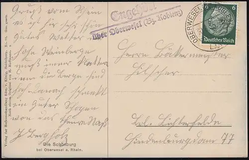 Landpost-Stempel Engehöll über OBERWESEL (BZ. KOBLENZ) 30.8.35 auf AK Schönburg 