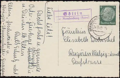 Landpost-Stempel Göttin über BRANDENBURG (HAVEL) 24.3.1940 auf Ostern-AK 