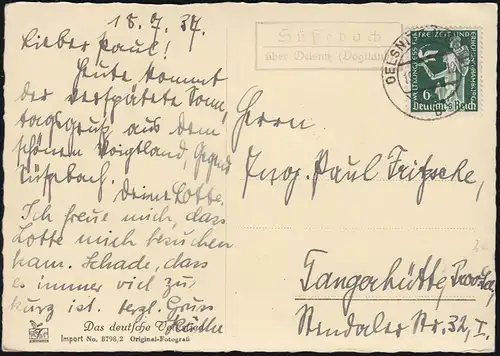 Landpost-Stempel Süßebach über OELSNITZ (VOGTLAND) 19.7.1935 auf AK Volkslied