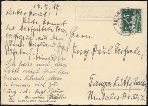 Landpost-Stempel Süßebach über OELSNITZ (VOGTLAND) 19.7.1935 auf AK Volkslied