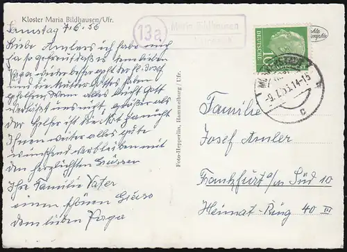 Landpost-Stempel Maria Bildhausen über MÜNNERSTADT 9.7.1956 auf pssender AK