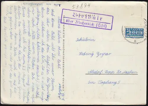 Landpost-Stempel Bleibuir über MECHERNICH (EIFEL) 21.7.1955 auf passender AK 