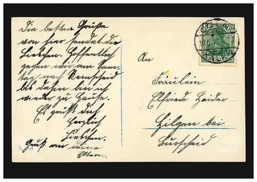 Portrait de femme mode AK en robe rouge boucle de cheveux jaune, CÖLN-KALK 10.12.1913