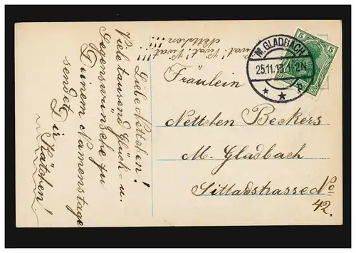 Mode-AK Frau mit roter Bluse, blauem Rock, weißen Rosen, M.GLADBACH 25.11.1913