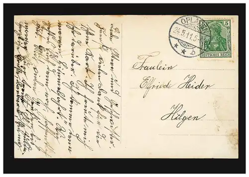 Mode AK femme en robe bleu-blanc et bande de cheveux jaune, opladen 24.5.1911