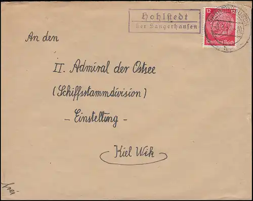 Le temple de la poste de Landpost Hohlstedt sur SANGERHAUSEN 8.3.1937 sur lettre