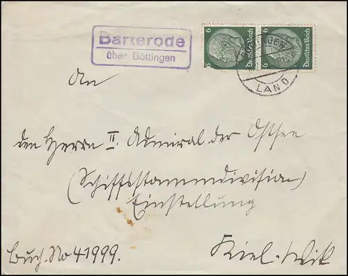 Landpost-Stempel Barterode über GÖTTINGEN LAND 8.2.1937 auf Brief nach Kiel