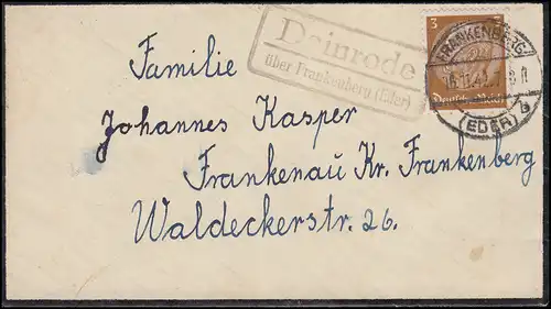 Temple de la poste de campagne Dainrode sur FRANKENBERG (ESDER) 16.11.1942 sur lettre de deuil