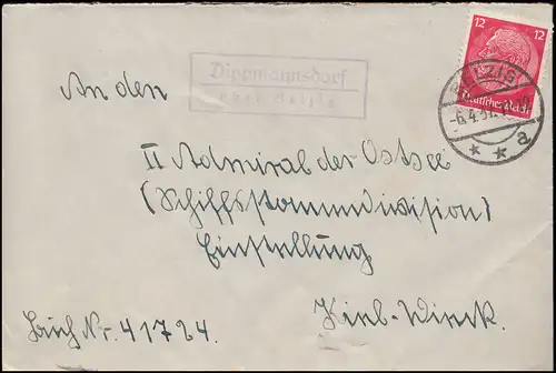 Landpost-Stempel Dippmannsdorf über BELZIG 6.4.1937 auf Brief nach Kiel-Wik